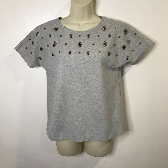 J. Crew Tops - J. Crew Scuba T-shirt Blouse SMALL S Bronze Beaded Sweater Cotton Blend
